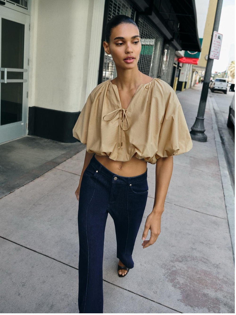 New ZARA Tie-Front Puff Sleeve Poplin Crop Top